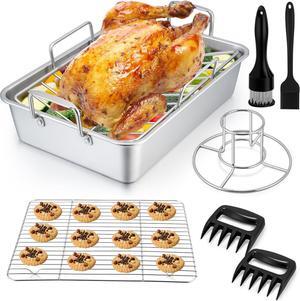 P&P CHEF Roasting Pan Set (8 PCS), 14 Inch Stainless Steel Turkey Roaster Pan, Flat & V-shaped Roasting Racks & Beer Can Chicken Holder, Meat Claws & Tenderizer, Brush, Healthy & Heavy Duty