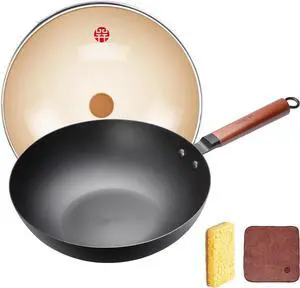 WANGYUANJI Iron Wok 12.6 inches,Wooden Handle Chinese Iron Pot Carbon Steel Wok Non-Coated Stir Fry Pan,Suitable for Home Cooking, Compatible with Induction, Gas, and Electric Ceramic Cooktops
