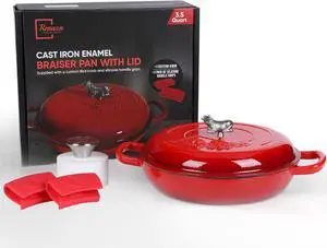 3.5 Qt Enameled Cast Iron Braiser Pan with Lid - With Customizable Knobs & Silicone Heat Grippers - Dutch Oven Cast Iron for Stir Fry & Baking - Braising Pan with Lid Oven Safe Upto 500F