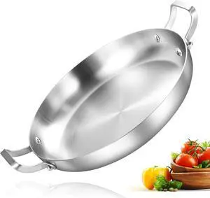 Inqibee 14-Inch Tri-Ply Stainless Steel Paella Pan, Large Skillet,Griddle Pan,Large Frying Pan,Jumbo Cooker,Induction Cookware,Dishwasher and Oven Safe.