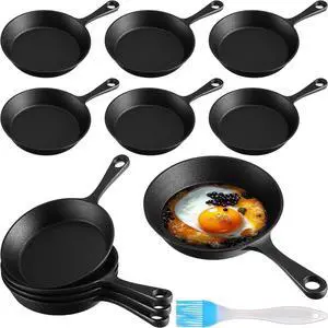10 Sets Mini Cast Iron Skillets Small Black Cast Iron Skillet Mini Sizzling Plate Cast Iron Skillets Mini Frying Pan Cast Iron Set with Oil Brush for Indoor Outdoor Restaurant Kitchen (Round)