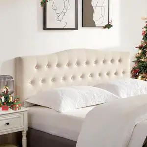 Tufted Upholstered Headboard Queen Size, Sturdy and Durable Solid Wood Bed headboard, Fabric Headboard Adjustable Height from 37 to 51, Modern Button Diamond Design Head Board, Beige