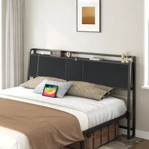 Headboard King Size, Headboard with 4 Outlets and 4 USB Ports, Industrial Headboard with Flip Door and Bed Frame Adapter, Height Adjustable, Black
