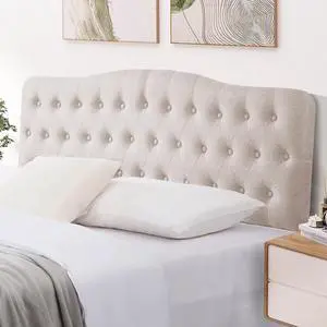 Upholstered Queen Headboard, Button Diamond Tufted Headboard with Adjustable Height and Solid Wood Leg, Linen Fabric Padded Headboard for Queen Size Bed, Mordern Head Board, Beige