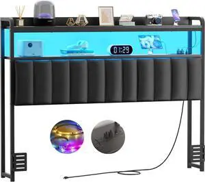 Aheaplus Headboard for Full Size Bed Frame, Upholstered Headboards with Outlets, USB Ports and LED Light, Leather Head Board with Storage, Height Adjustable, Comfortable Headboard, Full Size, Black