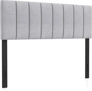 KOMFOTT Linen Upholstered Headboard for Full & Queen Size Bed, Vertical Channel Tufted Rectangular Headboard with Solid Wood Legs & Adjustable Width, Padded Bed Backboard, Easy Assembly (Gray)