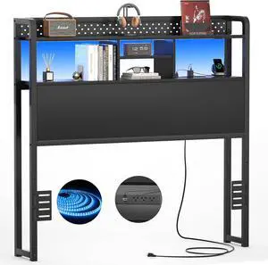 Unikito Headboard for Twin Size Bed with Storage Shelf, Head Board with 3 Outlets and 2 USB Ports, Headboards with RGB LED Light, Height Adjustable, Sturdy and Stable, Easy Assembly, Black