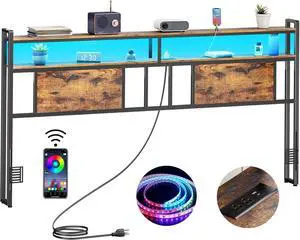 King Headboard with Storage, Bed Head Board with Outlets and USB Ports, Sturdy King Size Headboard Only with LED Lights, for Dorm, Easy Assemble, Rustic Brown King Headboard with Storage, Bed Head Board with Outlets and USB Ports, Sturdy King Size Headboard Only with LED Lights, for Dorm, Easy Assemble, Rustic Brown