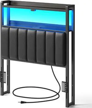 Rolanstar Headboard for Twin Size Bed with Storage, 60,000 DIY Color of LED Light, Head Board with USB & Type C Port, Height Adjustable, Black Upholstered Cabeceras de Cama Comfortable Modern, Leather