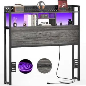 Unikito Headboard for Twin Size Bed with Storage Shelf, Head Board with 3 Outlets and 2 USB Ports, Headboards with RGB LED Light, Height Adjustable, Sturdy and Stable, Easy Assembly, Black Oak