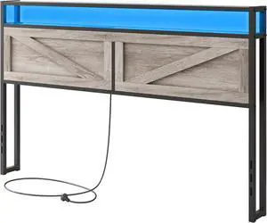 King Bed Frame Headboard, Platform Bed with Storage & LED Light, Headboard with 2 Outlets USB and Type C Port, Farmhouse Bed, Attach Frame, Easy to Assembly, Wash Grey