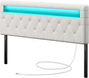 GREENSTELL Headboard for Full Size Bed with 60,000 DIY Color of LED Light, USB & Type C Post, Attach Frame, Height Adjustable, White Leather Wall Mounted Head Boards Only, Sturdy & Stable, Full