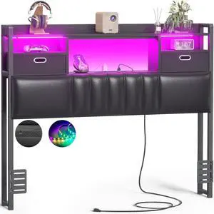 Unikito Twin Headboard with Drawer Storage and RGB LED Light, Twin Size Upholstered Headboard with Charging Station and Bookcase, Stable Twin Headboard Only, for Bedroom/Dorm Room/Guest Room, Black