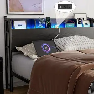 IKIFLY Full Size Storage Headboard with Charging Station, Industrial Headboard for Full Size Bed with LED Lights, Full Headboard Only for Bedroom, Attach Frame, Black