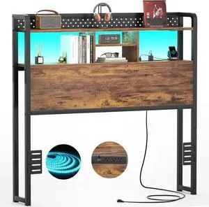 Unikito Headboard for Twin Size Bed with Storage Shelf, Head Board with 3 Outlets and 2 USB Ports, Headboards with RGB LED Light, Height Adjustable, Sturdy and Stable, Easy Assembly, Rustic Brown