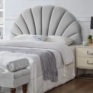24KF Stunning Crown Design Queen Headboard, Upholstered Soft Velvet Petal Pattern Headboard Queen/Full-Q-Gray
