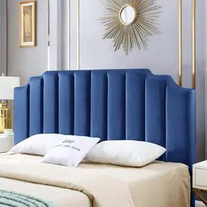 24KF Modern Navy Velvet Upholstered King Headboard, Tufted Headboard for Cal King Bed, Modern Vertical Channel Design with Curved Tufted Head Board - Navy Blue