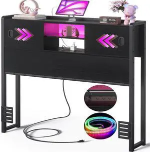 Homieasy Headboard for Twin Size Bed with Storage, Twin Size Headboard Only with Outlet, USB & LED Light, Sturdy Bookcase Twin Headboard with Sliding Door & Bed Frame Adapter for Bedroom, Black