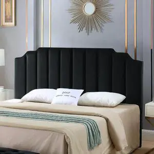 24KF Modern Velvet Upholstered King/Cal King Headboard, Tufted Headboard for King/Cal King Bed, Modern Vertical Channel Design with Curved Tufted -Black
