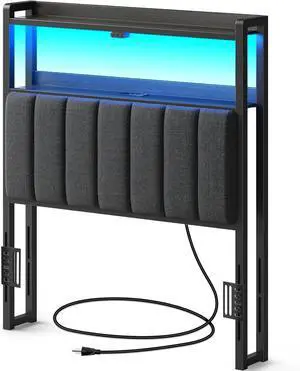 Rolanstar Headboard for Twin Size Bed with Storage, 60,000 DIY Color of LED Light, Head Board with USB & Type C Port, Height Adjustable, Black Upholstered Cabeceras de Cama Comfortable Modern, Linen