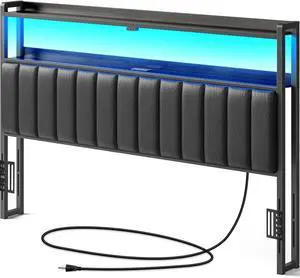 Rolanstar Headboard for King Size Bed with Storage, 60,000 DIY Color of LED Light, Head Board with USB & Type C Port, Height Adjustable, Black Upholstered Cabeceras de Cama Comfortable Modern, Leather