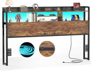 Unikito Headboard for King Size Bed with Storage Shelf, Head Board with 3 Outlets and 2 USB Ports, Headboards with RGB LED Light, Height Adjustable, Sturdy and Stable, Easy Assembly, Rustic Brown