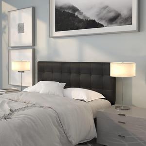 EMMA + OLIVER Button Tufted Upholstered Queen Size Headboard in Black Vinyl