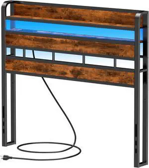 Furnulem Full Size Headboard Storage 2 Tier Headboards with USB Ports for Dorm LED Light College Head Board Shelf Height Adjustable Modern Style Cabeceras de Cama with Charging Station Rustic Brown