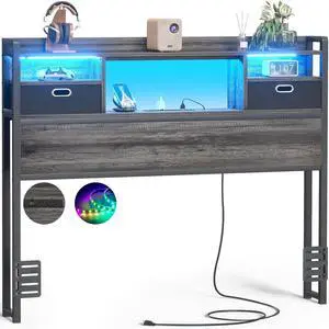 Unikito Twin Headboard with Drawer Storage and LED Light, Wood Headboard Only for Twin Size Bed with Power Outlet and Bookcase, Sturdy Twin Size Head Board for Bedroom, Dorm Room, Guest Room, Gray Oak