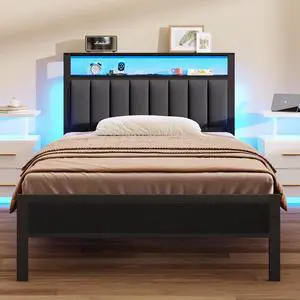 Furnulem Twin Size Bed Frame with Charging Station and LED Lights, Platform Bed with Metal Slats, Grey Upholstered Headboard with 2-Tier Storage Shelves, No Box Spring Needed