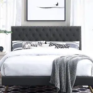 Modway Helena Tufted Button Fabric Upholstered Full/Queen Headboard with Nailhead Trim in Gray