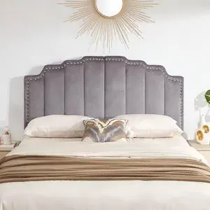 Kingfun Mid Century Headboard for King Size Bed, Velvet Upholstered Tufted Bed Headboard with Nailhead Decor, Adjustable Curved Solid Wood Head Board with Vertical Channel Design in Grey