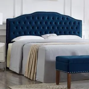 24KF Upholstered Button Tufted King Headboard with Nailhead Trim, Soft Velvet Fabric Headboard King/CA King - Navy