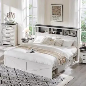 Farmhouse King Size Wood Bed Frame with 52" Tall Storage Headboard and 4 Drawers,LED Light,Charging Station,Solid Wood Slats Support,Noiseless,No Box Spring Needed,White