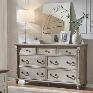 T4TREAM Farmhouse 7 Drawers Dresser Chests for Bedroom w/ 4 Solid Wood Feet & Column Decor, Tall Wide Wood Country Rustic Chest of Drawers, Storage Dressers for Bedroom, Living Room, Light Rustic Oak