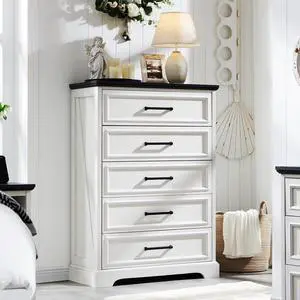 Farmhouse 5 Drawers Dresser Chests for Bedroom,46" Tall Wood Rustic Chest of Drawers with Wide Metal Handle,Natural Texture,Drawer Organizer for Bedroom,Living Room,Hallway and Entryway,White