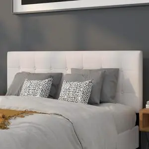 Button Tufted Upholstered Queen Size Headboard in White Vinyl