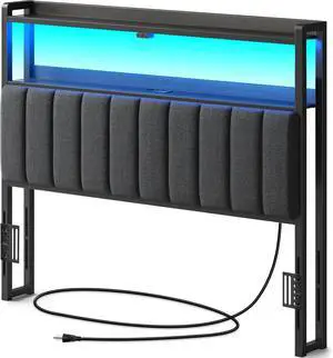 Rolanstar Headboard for Full Size Bed with Storage, 60,000 DIY Color of LED Light, Head Board with USB & Type C Port, Height Adjustable, Black Upholstered Cabeceras de Cama Comfortable Modern, Stable