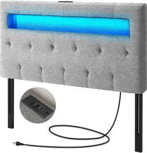 GREENSTELL Headboard for Twin Size Bed with 60,000 DIY Color of LED Light, USB & Type C Post, Attach Frame, Height Adjustable, Gray Wall Mounted Head Boards Only, Sturdy & Stable, Comfortable, Twin