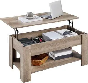 Yaheetech Lift Top Coffee Table with Hidden Compartment and Storage Shelf, Rising Tabletop Dining Table for Living Room Reception Room, 38.6in L, Grey
