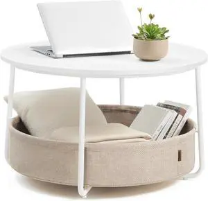 VASAGLE Coffee Table with Storage, Round Center Table for Living Room with Fabric Basket, Modern Style, Metal Frame, Matte White and Camel Brown ULCT244W10