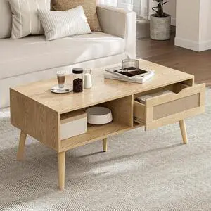 Wood Coffee Table with Storage, Boho Dining Table with Rattan Drawer and Solid Wood Legs, Small Coffee Tables for Living Room, Oak