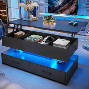 SEDETA 40" Lift Top Coffee Table, Coffee Tables with Storage for Living Room, Small Coffee Table with 2 Drawers & LED Light for Dining Reception Room, Black