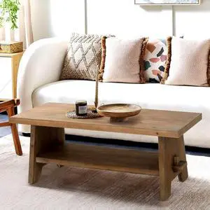 Farmhouse Wood Coffee Table - 43.4 Mid Century Modern Wooden Coffee Tables for Living Room, Solid Firwood Tabletop Rectangle Coffee Table, Center Table for Living Room, Brown