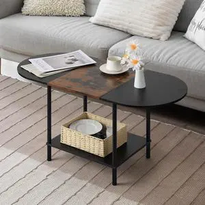 Coffee Tables for Living Room,2-Tier Small Oval Center Table Industrial Modern Style Coffee Tables with Storage Shelf and Wood Tabletop for Small Space,Home Office,Brown & Black