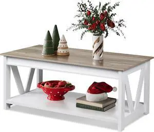 WLIVE Coffee Table, 43" Farmhouse Coffee Table with Storage Shelf & Sturdy V-Shaped Support, Center Table for Living Room, Bedroom, Office and Balcony, White
