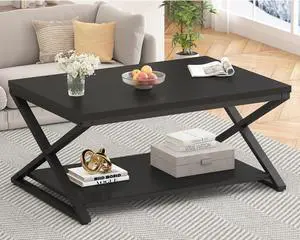 HSH Black Coffee Table with Storage Shelf, Modern Metal Wood Living Room Table, Simple 2 Tier Rectangle Center Table, 39 Inch Office Bedroom Display Cocktail Tea Table