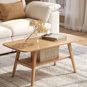 100% Solid Oak Wood Coffee Table for Living Room, Small Coffee Table with Shelf Storage, Mid Century Modern Coffee Table with Rounded Corners (Natural, 39.37" W x 22.05" D x 17.32" H)