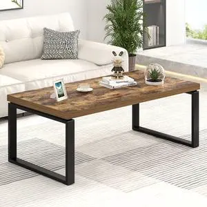 EXCEFUR Modern Coffee Table, Industrial Wood and Metal Center Table for Living Room, Rectangle Cocktail Tea Table for Home Office, Rustic Brown, 47 Inch