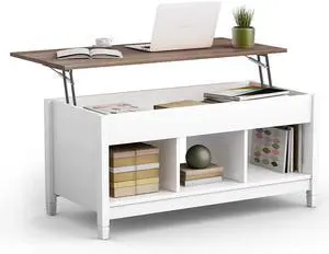 Tangkula Wood Lift Top Coffee Table, Modern Tea Storage with Hidden Compartment and Open Storage Shelf for Living Room Office Reception Room, Lift Center Table (White)